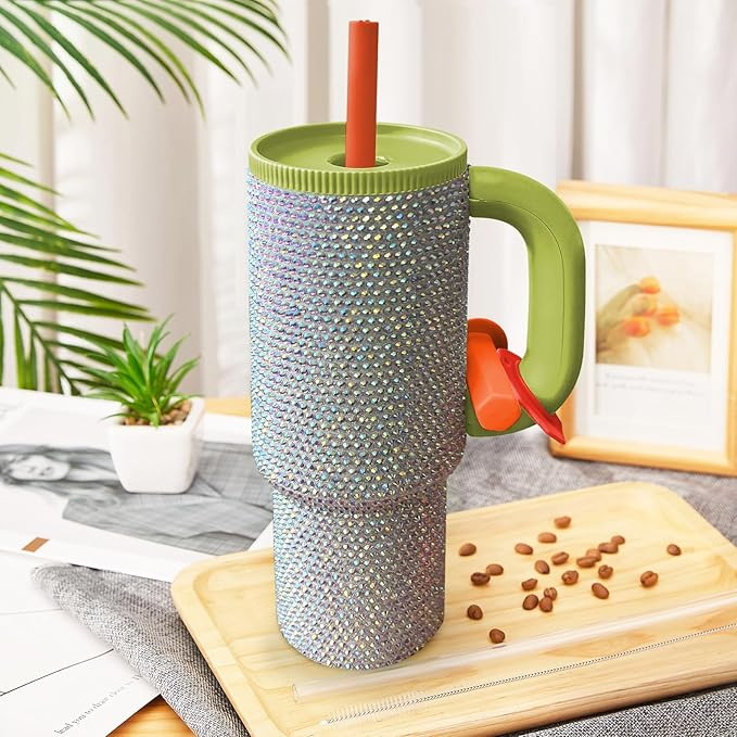 HWISDMIG 40oz Tumbler with Handle-Glitter Rhinestones Tumbler Bling Cups Stainless Steel Water Bottle Diamond Studded Tumbler for Women-Birthday Gifts for Women, Mom, Girlfriend (Forest)
