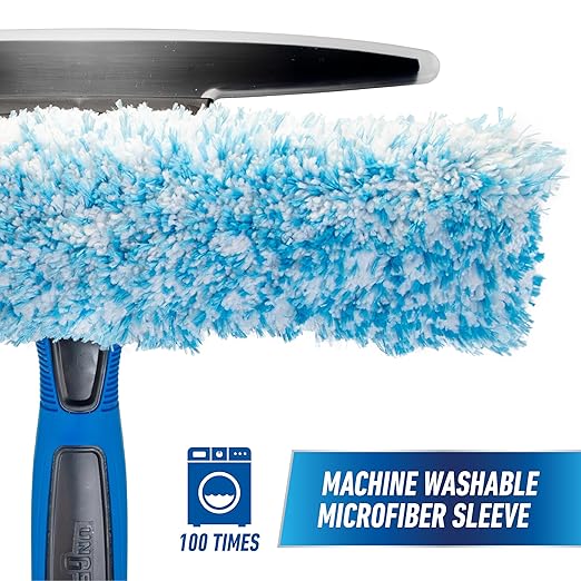 Unger 10" Curved Silicone Auto Squeegee with 3' Telescopic Pole, Flexible Blade for Window Curves, Windshield Cleaner Tool, Non-Scratch Microfiber Sleeve for Streak-Free Results, Machine Washable