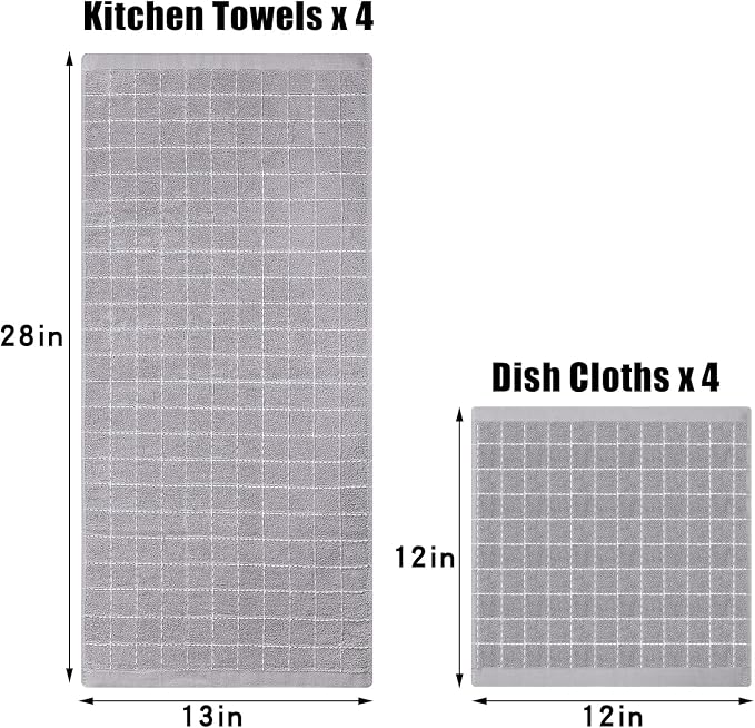 Homaxy Kitchen Towels and Dishcloths Set, 12 x 12 and 13 x 28 Inches, Set of 8 Bulk Cotton Terry Kitchen Towels Set, Checkered Designed, Soft and Super Absorbent Dish Towels, Light Grey