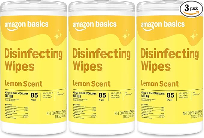 Amazon Basics Disinfecting Wipes, Lemon Scent, Thick Cleaning Wipes, Sanitizes/Cleans/Disinfects/Deodorizes, 255 Count (3 Packs of 85)