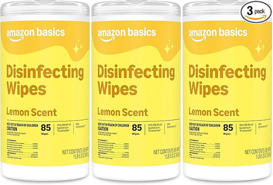 Amazon Basics Disinfecting Wipes, Lemon Scent, Thick Cleaning Wipes, Sanitizes/Cleans/Disinfects/Deodorizes, 255 Count (3 Packs of 85)