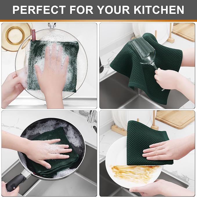 Kitinjoy 100% Cotton Kitchen Dish Cloths (12 X 12 Inches, Blackish Green), 12 Pack Waffle Weave Ultra Soft Absorbent Dish Towels for Drying Dishes Quick Drying Kitchen Towels Dish Rags