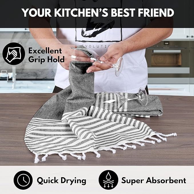 Turkish Kitchen Towels 18x26 Inches with Tassels - 4 Pack - Absorbent, Durable, Soft 100% Cotton Dish Towels for Drying & Cleaning - Machine Washable, Quick Dry - Black