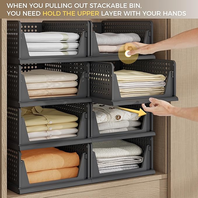 Pinkpum 8 Pack Closet Organizers Storage Bins, Stackable Plastic Drawer Basket for Clothing, Stackable Storage Bins Shelf Storage Container for Closet Wardrobe Bedroom Bathroom Office Black
