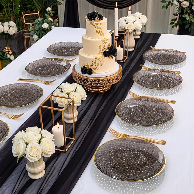 DaYammi 240Pcs Black Plastic Plates Including 120Pcs Black Dessert Plates and 120Pcs Gold Forks,Hammered Party Plate,Gold Rimmed Appetizer plates Heavy duty Disposable Plastic Plate for Party Birthday