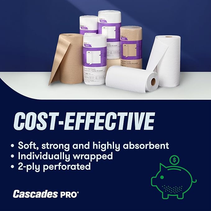 Cascades PRO Select Kitchen Roll Towel - Strong and Absorbent 2-Ply Paper Towels for Kitchens, Breakrooms, Schools, Offices - Recycled, Compostable - 250 Sheets/Roll, 12 Rolls/Box -K250 - White