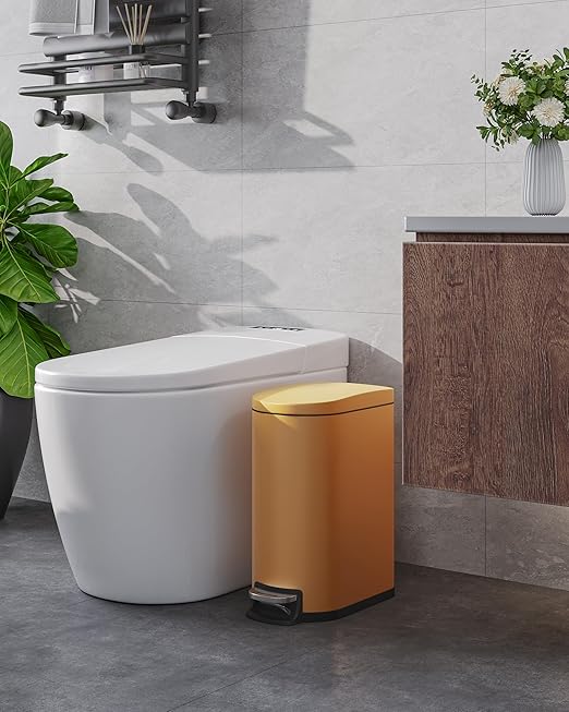 Garvee 2.6 gal / 10 L Metal Bathroom Trash Can with Lid, Slim Waterproof Garbage Can for Bedroom, Small Step-on Trash Bin with Inner Bucket, Rear Handle, Soft Close Lid, Yellow