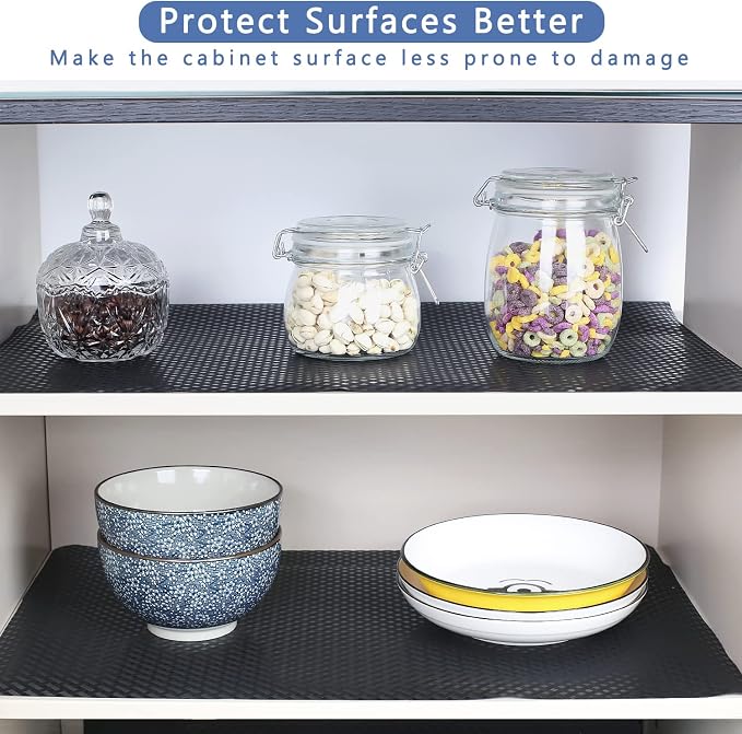 HooTown Shelf Liner Kitchen Cabinet Drawer Mats 17.5 Inch Wide x 78.7 Inch Long, Non Skid EVA Plastic Washable Oil Proof Pad for RV Drawer, Dish Plate Slippery Protection, Black