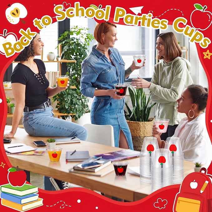 LemonRoad 100 Pack Apple Theme Cups Back to School Party Supplies 9 oz Red Apple Disposable Clear Plastic Cocktail Cups Hot Cold Beverage Drinks for Classroom First Day of School Table Decorations