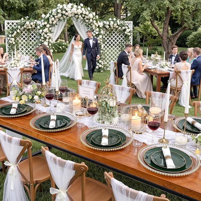 KIRE 350PCS Green Plates Disposable - Heavy Duty Green and Gold Plates - 50Guest Include Green Plastic Dinnerware - Pro Rolled Napkins with Gold Silverware and Cups for 2026 FIFA World Cup&Party
