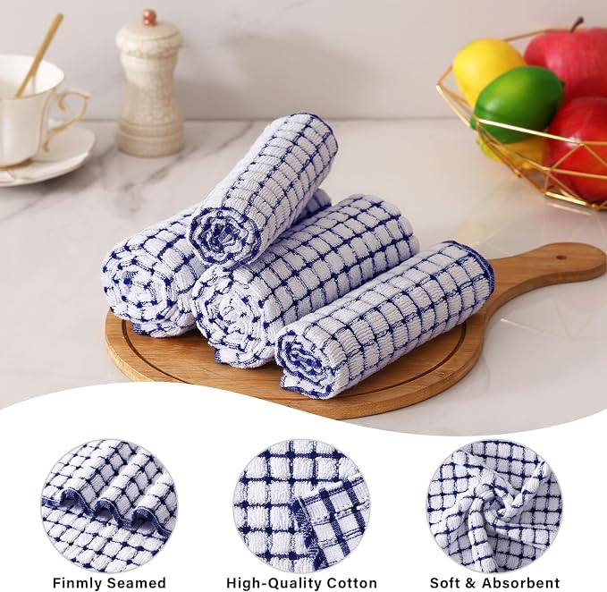 Kitinjoy Cotton 24 Pack Terry Kitchen Dish Cloths, 12 x 12 Inches Super Soft and Absorbent Dish Rags, Quick Drying Dish Towels for Washing Dishes, Blue