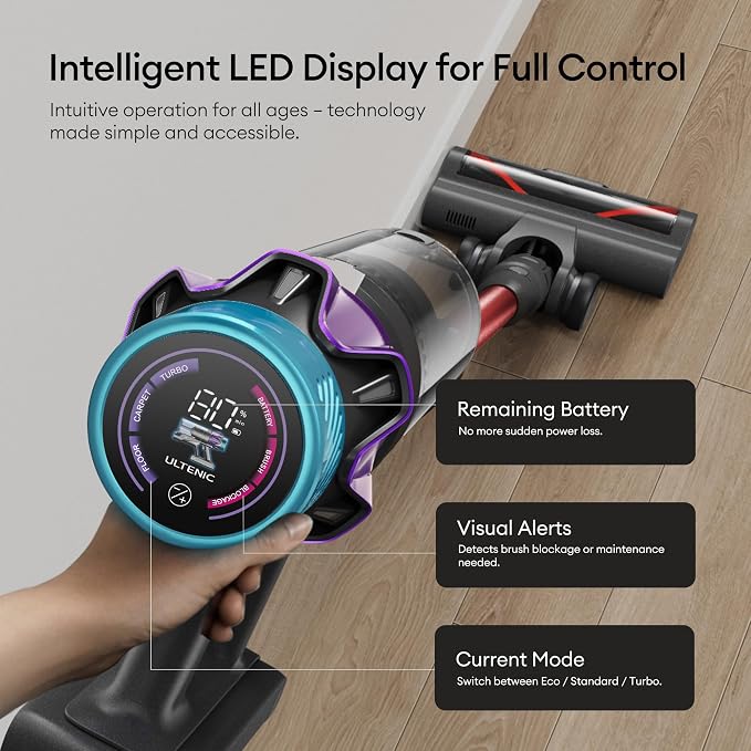 Ultenic Cordless Vacuum Cleaner, 55KPA/650W/80Mins Cordless Vacuum with Bendable Tube, Self-Standing Stick Vacuum, Touch Screen, Anti-Tangle Brush, Vacuum Cleaners for Home/Pet Hair/Carpets