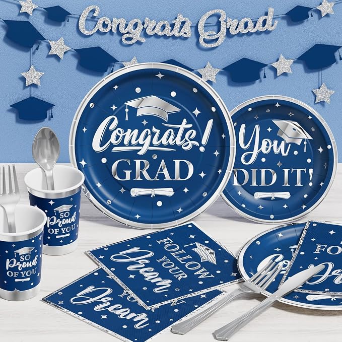 Graduation Decoration Class of 2026, 175PCS Graduation Party Supplies for College High School Disposable Dinnerware(Serve 25) with Paper Plates Cup Napkin Fork Knife Spoon (Navy Blue & Silver)