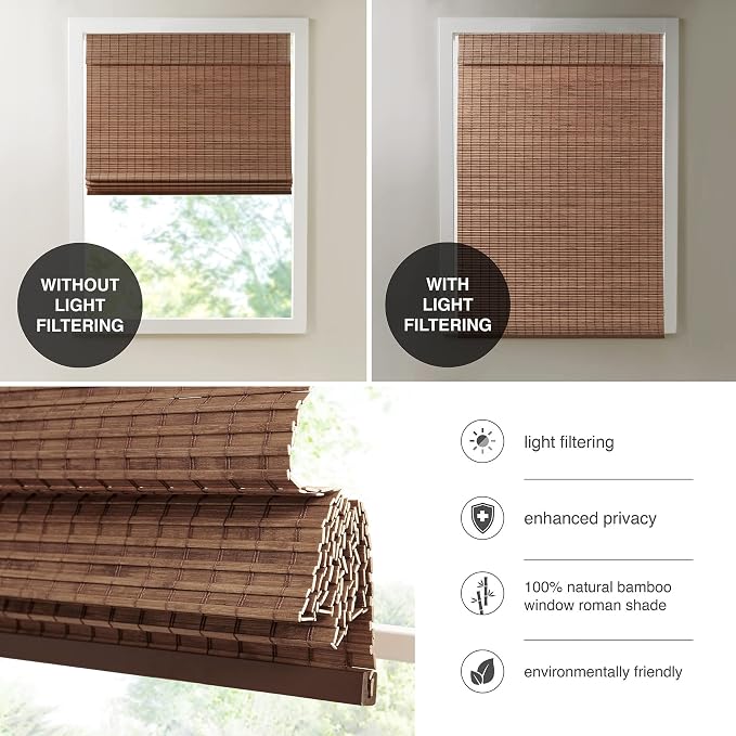 Madison Park Eastfield 100% Bamboo Cordless Roman Shades-Woven Wooden Privacy Panel, Light Filtering Easy Installation Window Blind Treatment, Bedroom, Living Room Decor, 27" W x 64" L, Teak
