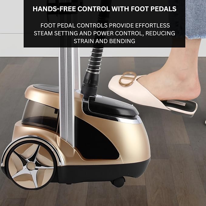 SALAV Limited Edition Professional Series Dual Bar Garment Steamer with Foot Pedals, Stainless Steel Steam Plate, Retractable Power Cord, 1.8L (60.8 oz) Water Tank, 1500 watts, 60+mins of Steam