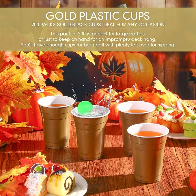Mimorou Gold 200 Pack Plastic Cups 16 oz Disposable Cups for Party Wedding Halloween Stackable Beverage Drinking Tumbler Heavy Duty for BBQ Birthday Baby Shower
