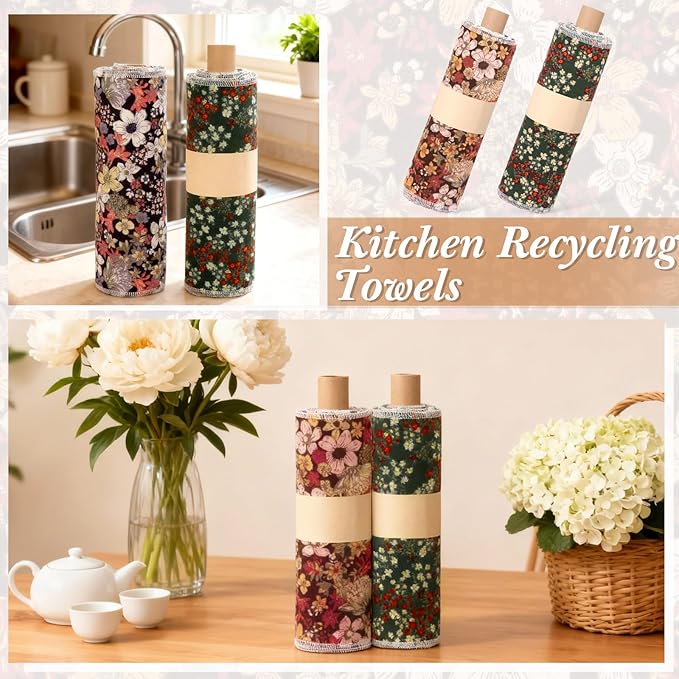 Redbaker 50 Pcs Reusable Paper Towels Paperless Reusable Cotton Cloths Toilet Absorbent Washable Paper Towels with Roll Kitchen Dishcloth for Kitchen Paperless Dishcloths (Flowers)