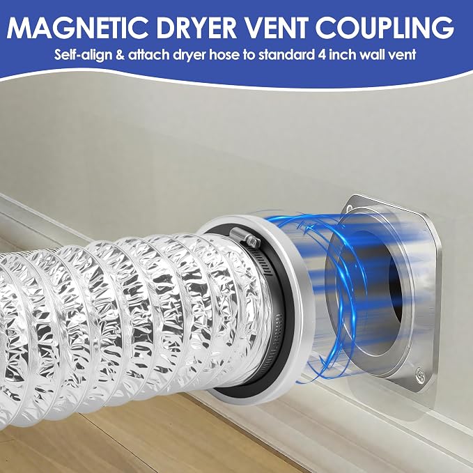 Magnetic Dryer Vent Connector Kit, Magnetic Dryer Vent Coupling Kit with 3.1ft 4" Duct and 2 Clamps, Quick Seal Dryer Vent Connector for Easy Cleaning & 180° Rotation
