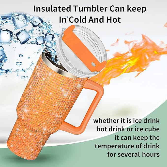 HWISDMIG 40oz Tumbler with Handle-Glitter Rhinestones Tumbler Bling Cups Stainless Steel Water Bottle Diamond Studded Tumbler for Women-Birthday Gifts for Women, Mom, Girlfriend (Orange)