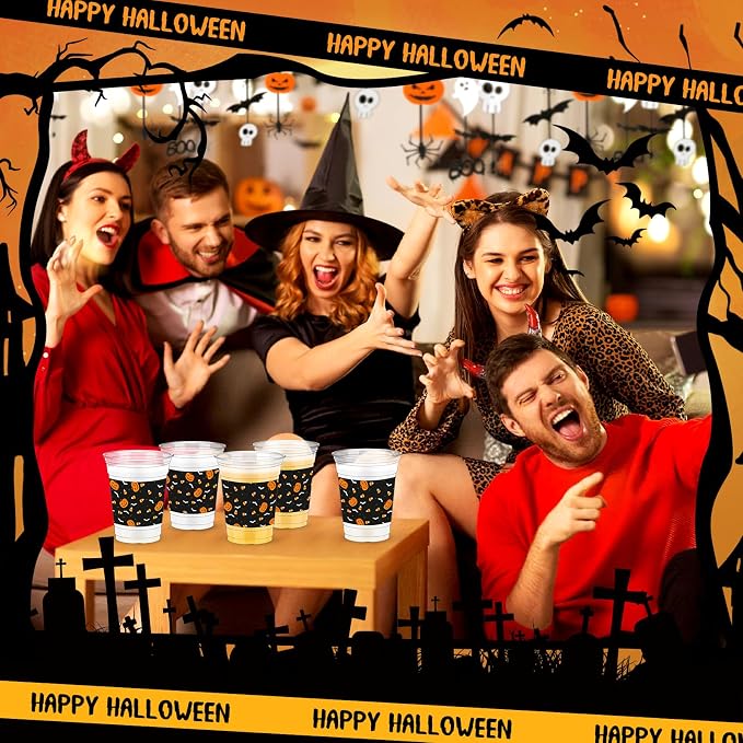 Bokon 100 Pcs Candy Corn Halloween 12 oz Plastic Cups Disposable Cocktail Glasses Happy Halloween Cute Disposable Cups for Coffee Juice Hot Cold Drinks Party Supplies(Black, Candy Corn)