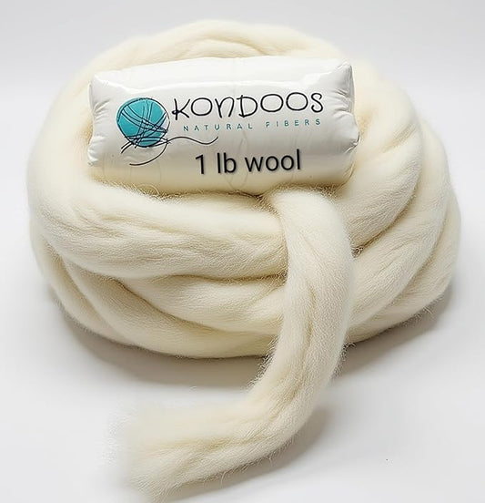 1 lb Merino Wool Roving Bulk 25 Micron, for Needle & Wet Felting, Hand Spinning Soft Chunky Jumbo|100% Natural Undyed (Off-White) Wool Yarn, Core, Combed Stuffing Clean carded