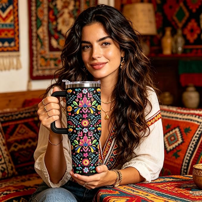 Ceovfoi 40 oz Mexican Flower Tumbler with Handle Lid and Straw, Stainless Steel Insulated Coffee Mug Cup, Mexican Stuff Supplies Accessories Gifts for Women