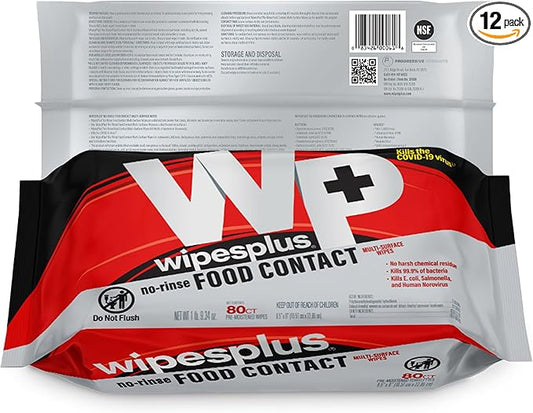 WIPESPLUS No-Rinse Food Contact Wipes, Multi-Surface Wipe, Unscented for Home and Business, 960 Count, (12 Packs of 80)