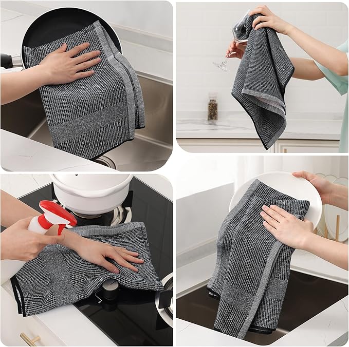 Mordimy Premium Kitchen Towels 6 Pack (18 x 28 Inches, Grey/Khaki/Black), Large Cotton Flat & Terry Kitchen Hand Towel, Super Absorbent Tea Dishtowels Set with Hanging Loop