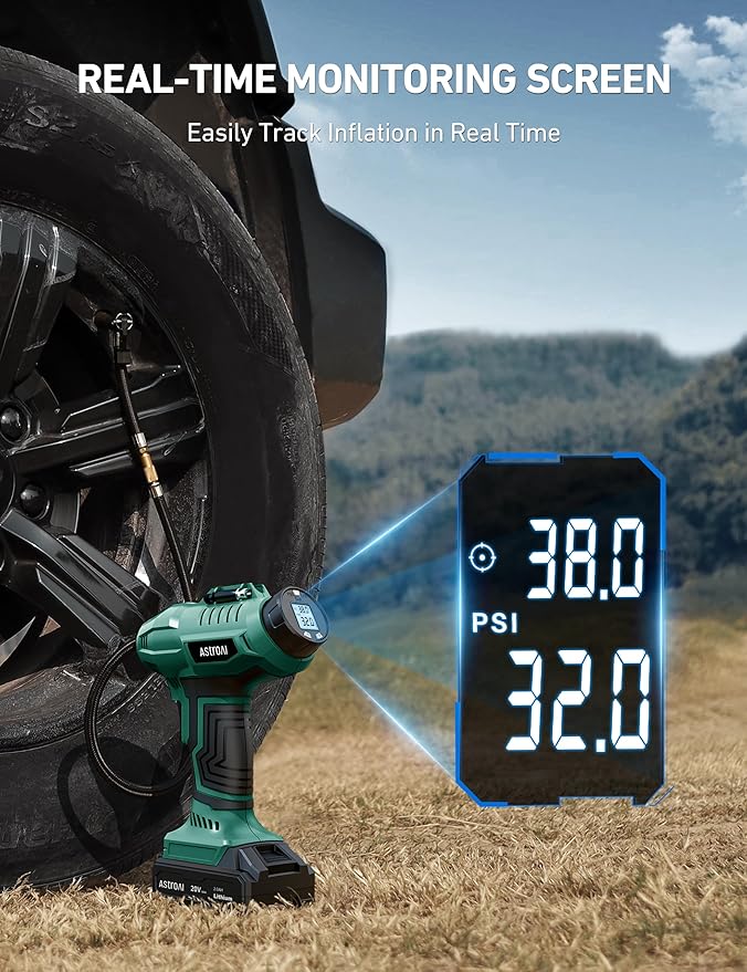 AstroAI C2 Cordless Tire Inflator Air Compressor 20V Rechargeable Battery Powered 160PSI Portable Air Pump with 12V Car Power Adapter Digital Pressure Gauge for Cars Motorcycles Green