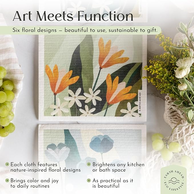 Swedish Dishcloths – Classic Botanical Floral Designs – Reusable Compostable Cellulose Sponge Cloth – Eco-Friendly Paper Towel Alternative 3 Pack