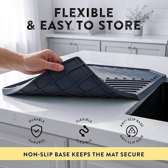 Silicone Dish Drying Mat with Drain, Self-Draining, Heat Resistant & Non-Slip Kitchen Counter Mat, Easy to Clean, Reusable, (19.3'' x 13'', Charcoal Grey)
