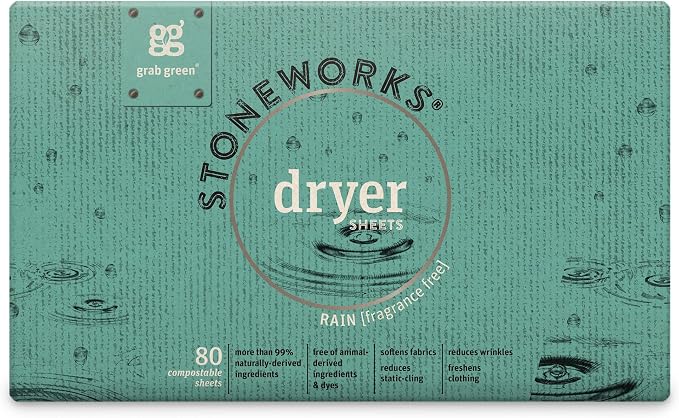 Grab Green Stoneworks Dryer Sheets, 80 Count, Birch Branch, Compostable | Softens fabrics; Reduces Static; Cruelty-free; Plant & Mineral Based; No Harsh Chemicals