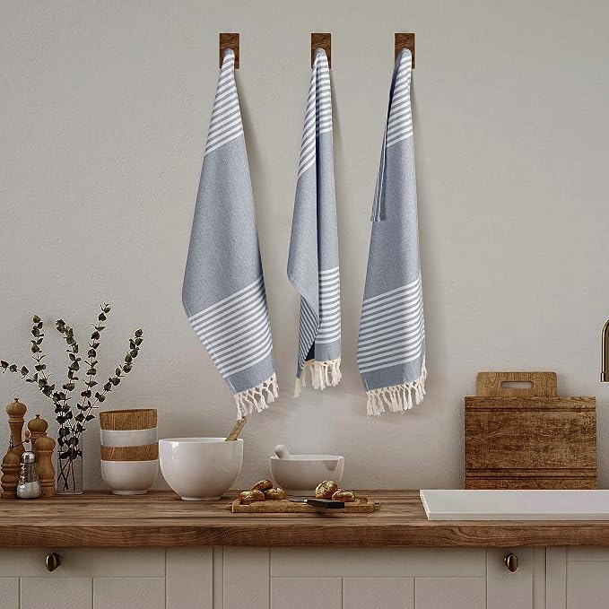 TWINY threads Set of 6 100% Cotton Turkish Kitchen Towels with Hanging Loop & Tassels (18" X 28") | Ultra Washcloth with Fringes | Reusable Hand Towels - Navy Blue