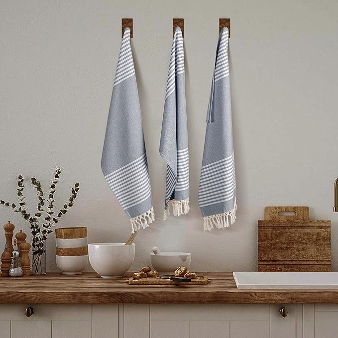 TWINY threads Set of 4 100% Cotton Turkish Kitchen Towels with Hanging Loop & Tassels (18" X 28") | Ultra Washcloth with Fringes | Reusable Hand Towels - Navy Blue