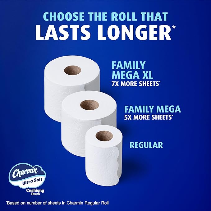 Charmin Ultra Soft Cushiony Touch Toilet Paper, 6 Family Mega XL Rolls = 42 Regular Rolls