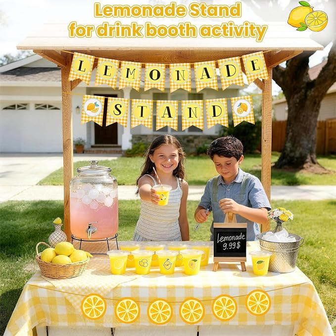 208 Pcs Lemonade Stand Supplies, 50 Lemonade Cups with Lids and Straws, 2 Lemonade Banners, Wooden Blackboard, 50 Lemon Stickers, 3 Pens, Straw Puncher for Summer Lemon Birthday Party Decor