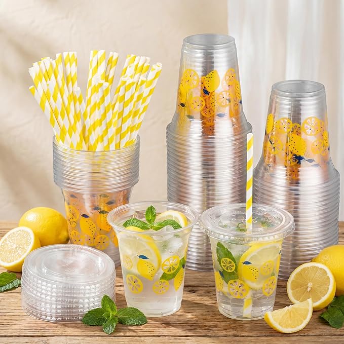 Umigy 100 Pack Plastic Disposable Cups with Lids and Straws 12 oz Disposable Cups for Juice Water Coffee Summer Party Sports Party Supplies (Lemon)