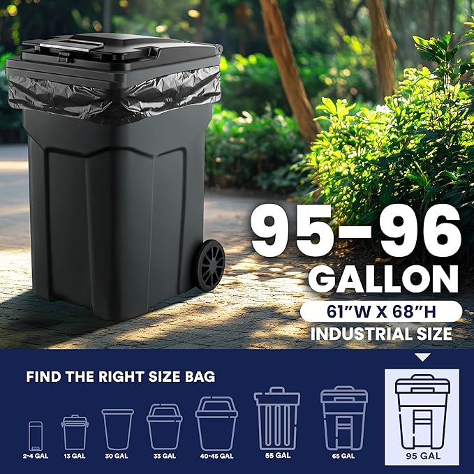 Plasticplace 95-96 Gallon Trash Bags │ 2.0 Mil │ Black Heavy Duty Garbage Can Liners │ 61” x 68” (50 Count)