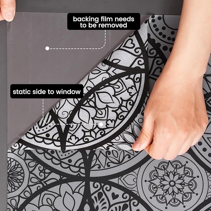 DKTIE Boho Stained Glass Look Window Privacy Film with Installation Tools, Decorative Frosted Glass Window Film Static Cling No Glue Removable, Pure Black, 35.4" x 78.7"