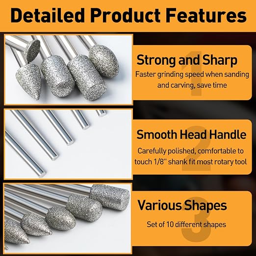 FOTYBEI 10PCS Diamond Grinding Burr Bits Set Compatible with Dremel Rotary Tools, 10 Shapes 1/8" Shank 120 Grit, for Polishing, Grinding, Carving on Glass, Ceramic, Stone (10Pcs-120 Grit)