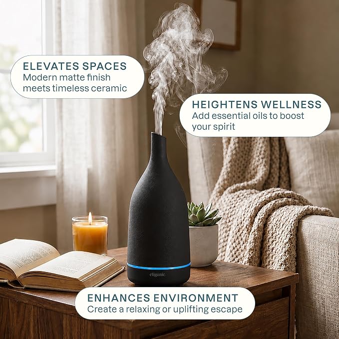 Cliganic Ceramic Aromatherapy Diffuser for Essential Oils (Black) - 7 Color Lights, Cool Mist, Auto Shut Off for Home & Office