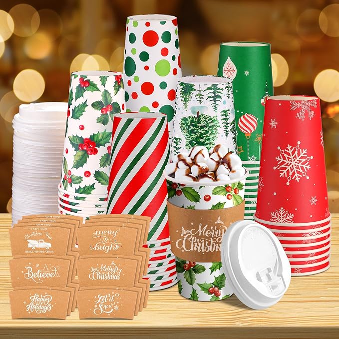 36 Sets/ 108 Pcs Christmas Paper Cups 16 oz Disposable Xmas to Go Coffee Drinking Cups with Lids and Sleeves Xmas Hot Cocoa Coffee Mug for Cold Drinks Hot Chocolate Christmas Party Drinkware Supplies