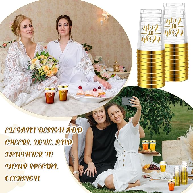 Funnymoom 36 Pcs Wedding Miss to Mrs Cups 12 oz Gold Plastic Cups Disposable Bridal Shower Drinking Tumblers Clear Wine Glasses Tumblers for Engagement Bachelorette Supplies Party Favors(Gold)