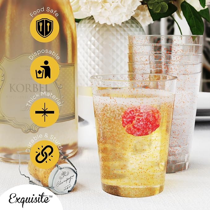 Exquisite Rose Gold Plastic Cups Disposable, Clear Plastic Tumblers 10 Oz. 120 Ct. - Glitter Tumblers, Rose Gold Glitter Cups Disposable For Party, Weddings, Cocktail Glasses & Wine Glasses