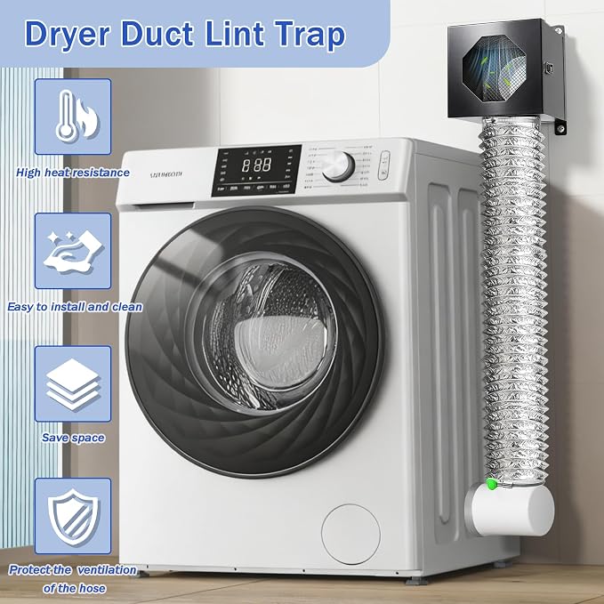 Dryer Lint Trap, Indoor Dryer Vent Box with Lint Catcher, Metal Dryer Duct Lint Trap with 90° Degree Dryer Vent Elbow, Easy Clean Filter, Transparent Door & Clamps Aluminum Foil Tape Cleaning Brush