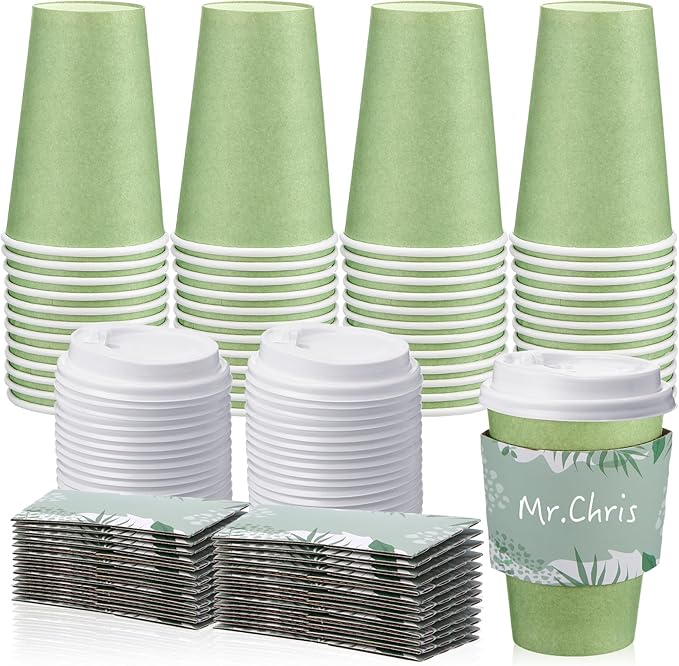 Zopeal 50 Pack Sage Green 12 oz Disposable Coffee Cups with Lids and Sleeves, Paper Hot Travel Cups for Beverages, Wedding, Baby Shower, Office and Party Supplies
