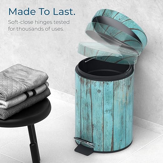 Sanilo Small Bathroom Trash Can with Lid [1.3 Gallon] - Lidded Tiny Trashcan for Garbage - Mini Metal Bin with Soft Closing Mechanism - Bath Room Accessoire Wastebin with Inner Bucket (Lumber)