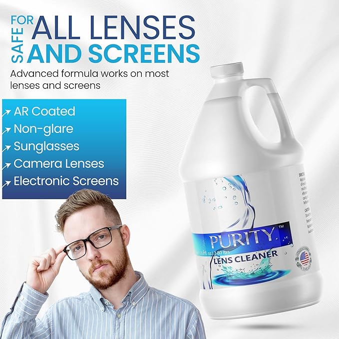 Purity Eye Glasses Lens Cleaner - Refill Eyeglass Lens Cleaning Bottle - Safe for All Lenses (AR Coated Included), Eyeglasses and Screens - Made in USA - Clear, 1gal