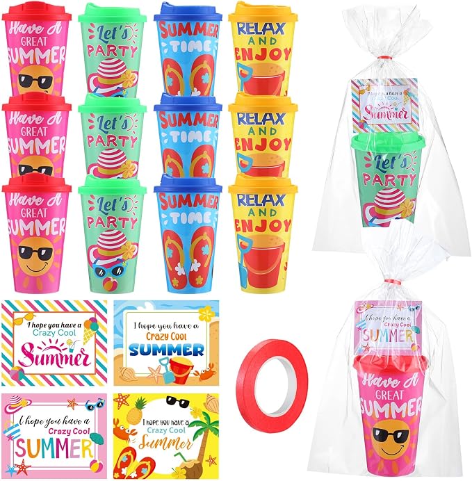 LemonRoad 24 Set End of the Year Gifts 16 oz Plastic Tumbler with Lid and Straw Bulk Summer Graduation Blessings Cards and Clear Cellophane Bags for Beach Pool Birthday Vacation Party Supplies