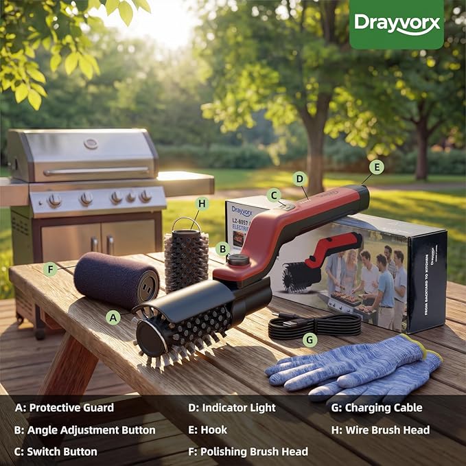 Electric Grill Brush, High Torque Grill Brush with 3-Speed Modes, 20kg Max Torque BBQ Cleaner Safe for Porcelain Cast Iron Stainless Steel, Reinforced Steel Bristles, Type-C Rechargeable